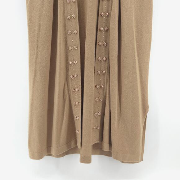 Vintage CXT 70s BohoTan Beaded Neckline OpenFront Duster Sleeveless Split Hem XL - Picture 4 of 11